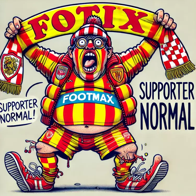 DALL·E 2025-02-04 15.56.34 - A cartoonish illustration of a stereotypical _Footix_ football fan, wearing an over-the-top outfit in red and yellow, with mismatched team merchandise.webp